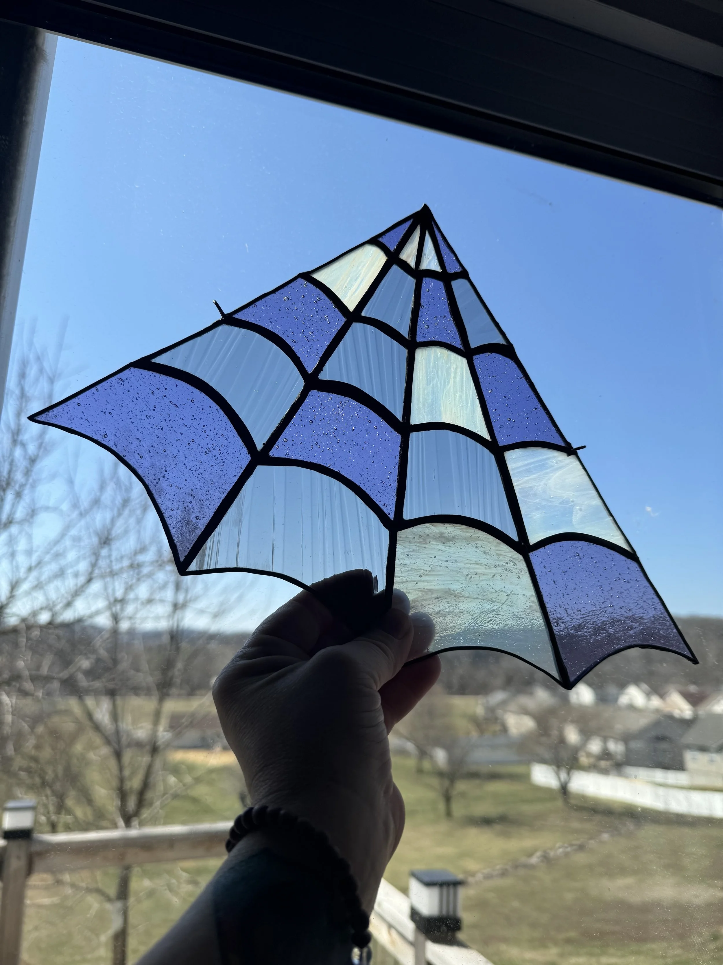 Person holding a stained glass spider web decoration up to the window with a blue sky and distant trees and houses in the background.