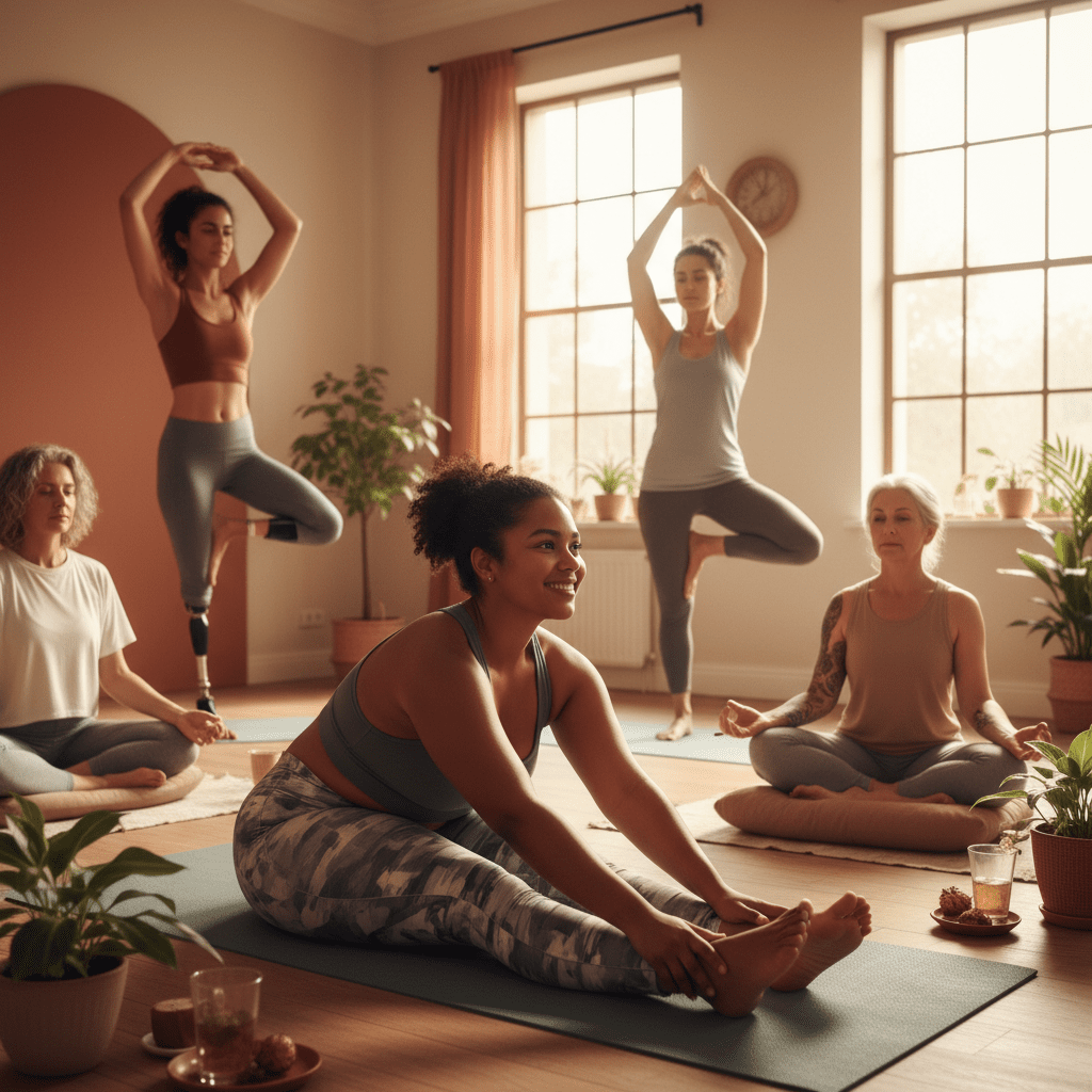 A diverse group of women practicing yoga together indoors, with some seated and others standing or stretching.