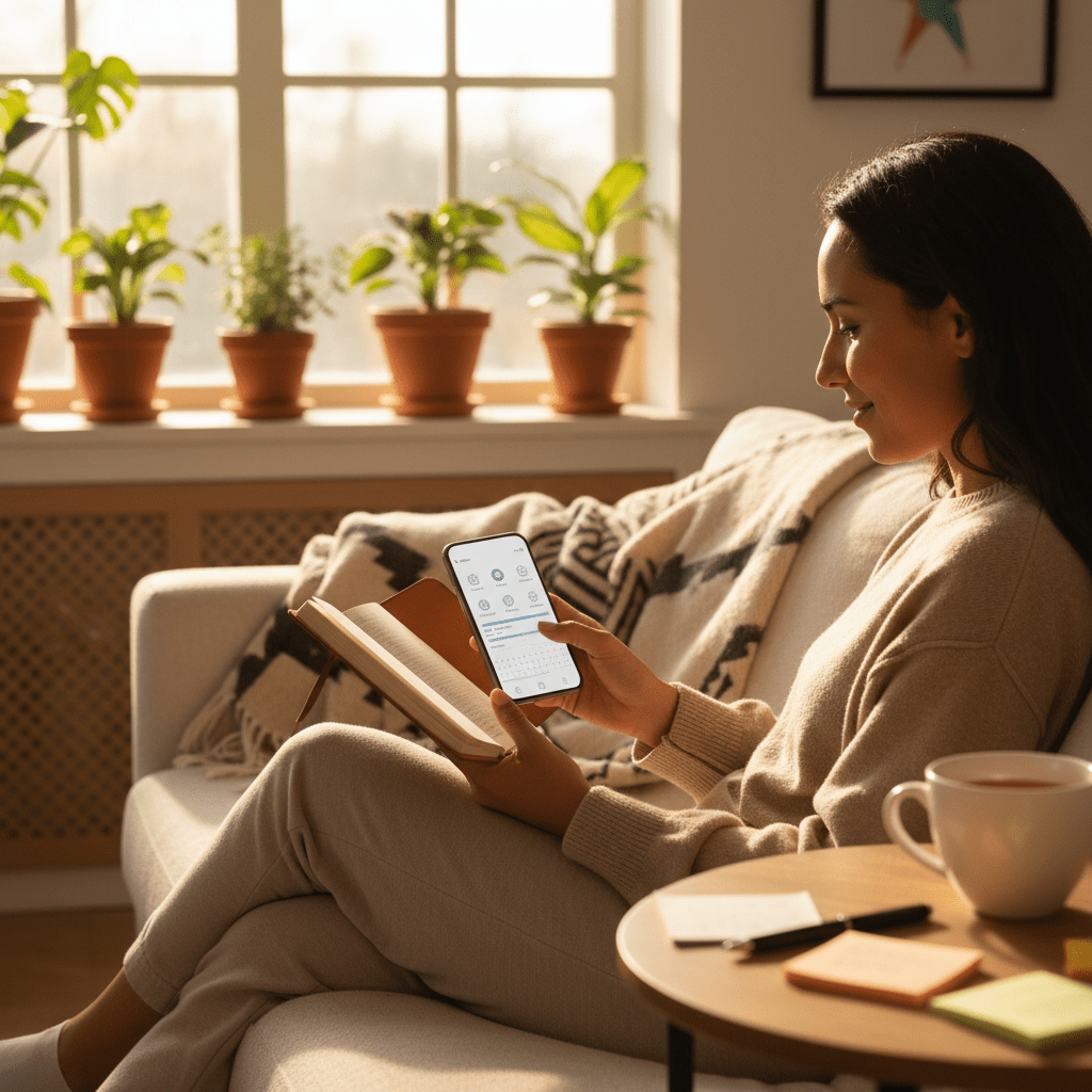 Women of diverse backgrounds using smartphones outdoors with overlay graphics of health, wellness, growth symbols, and the text 'Women's Digital Wellness Empowering Growth'.