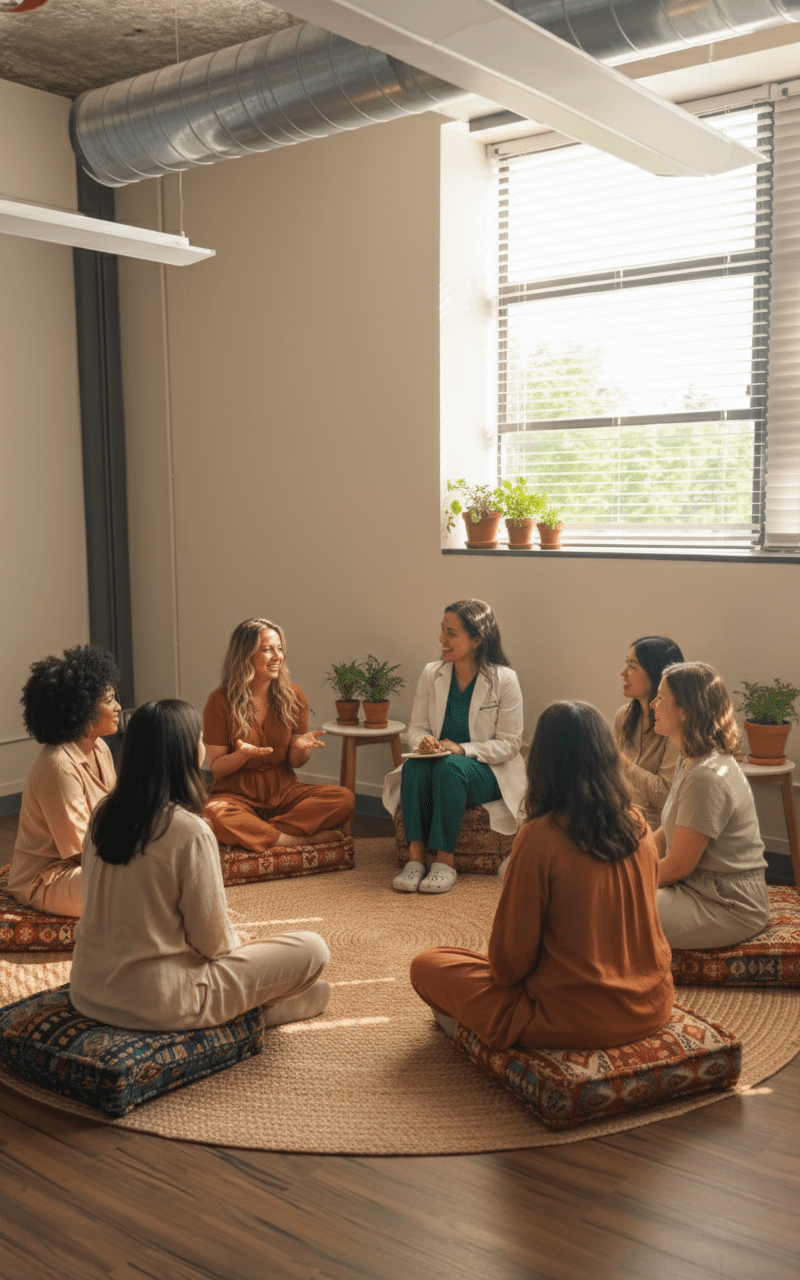 A women’s circle with seven women sitting on cushions in a circle, having a discussion in a well-lit room with large window and potted plants.