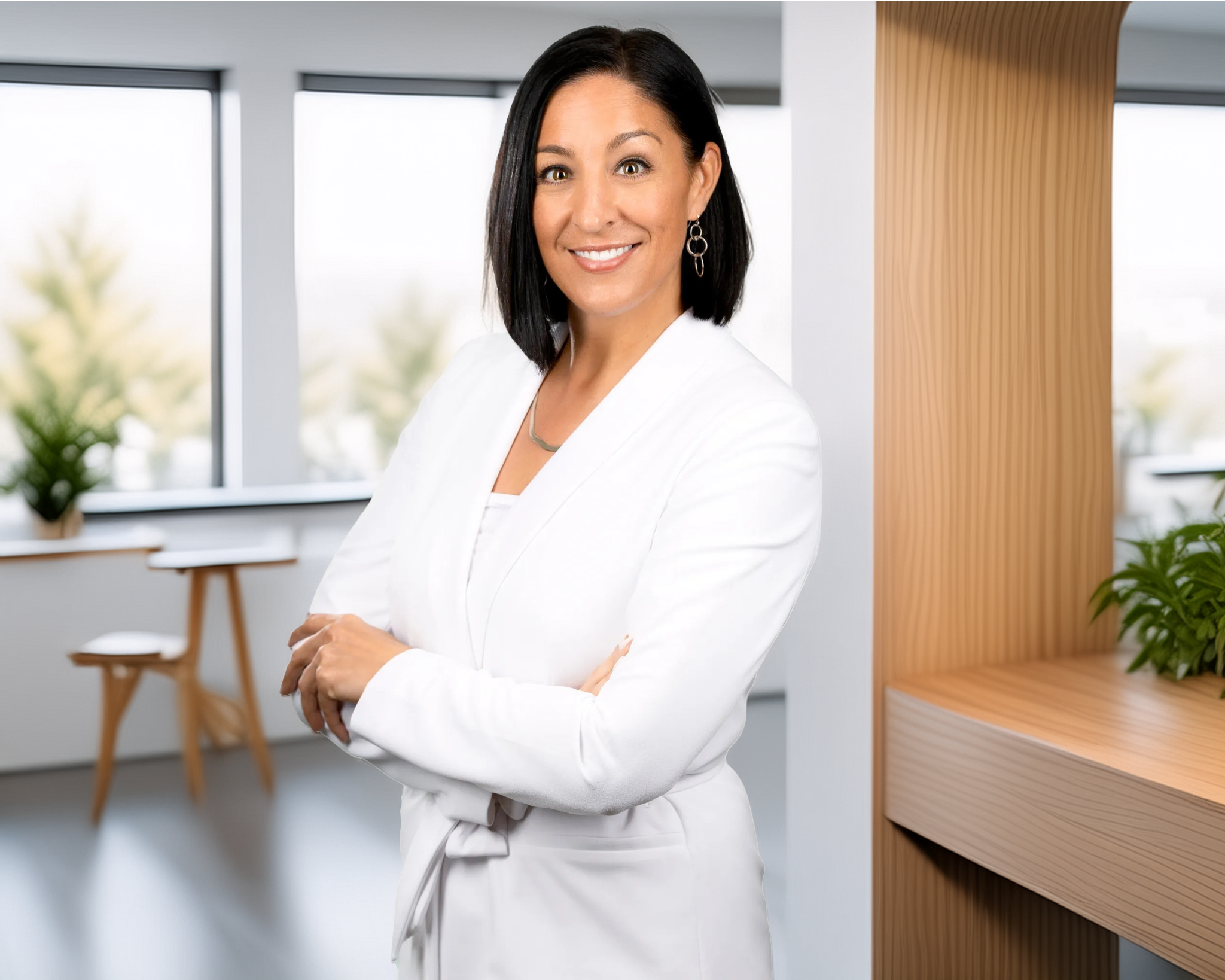 A professional woman with black hair wearing a white blazer, standing with arms crossed in a modern office with large windows, plants, and wooden accents.
