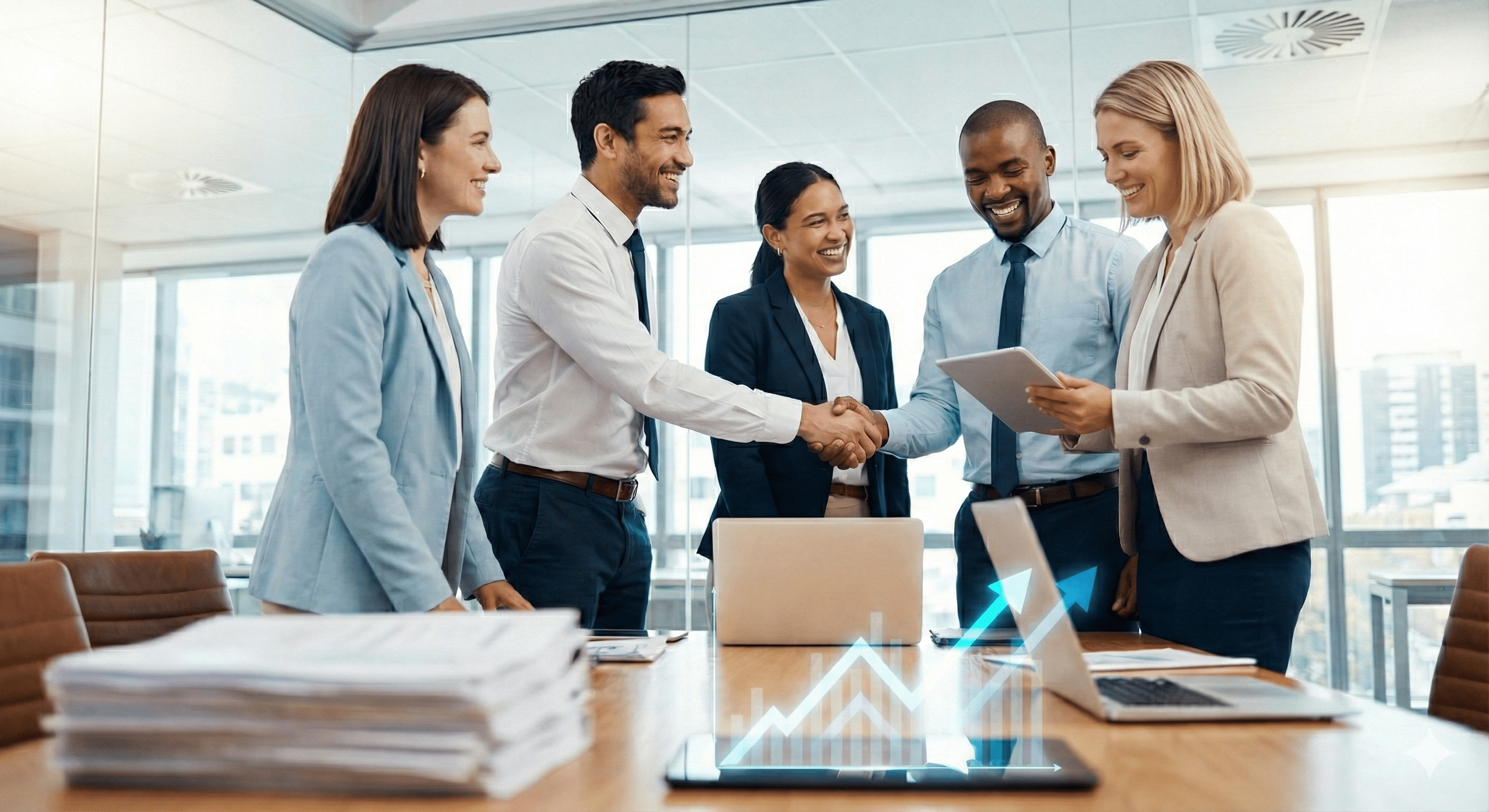Business team members in a meeting shaking hands and smiling, with laptops and documents on the table and a digital growth chart overlay.