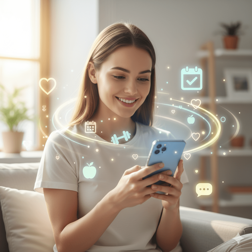 A young woman sitting on a couch at home, smiling and looking at her phone, surrounded by floating icons representing health, fitness, scheduling, and communication.
