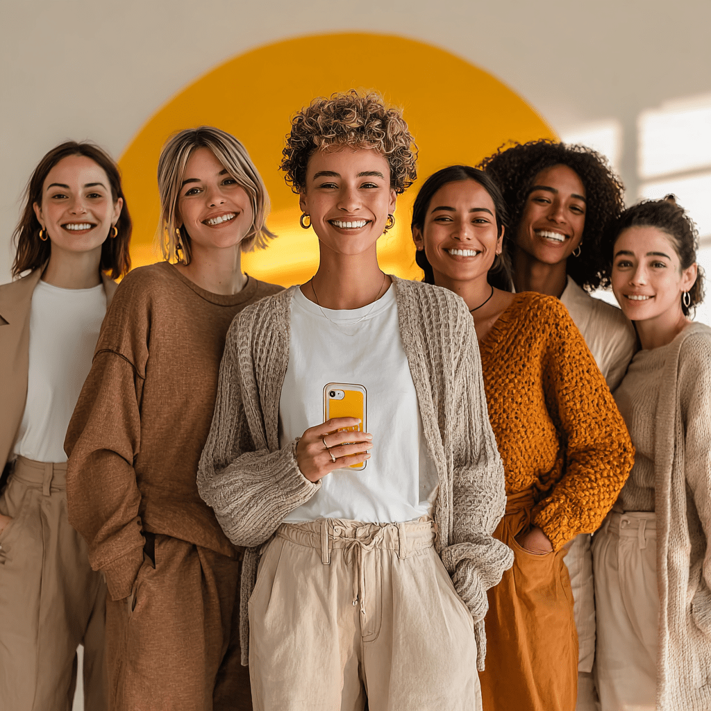 A group of six diverse women smiling and standing close together indoors, with a large yellow circle in the background.