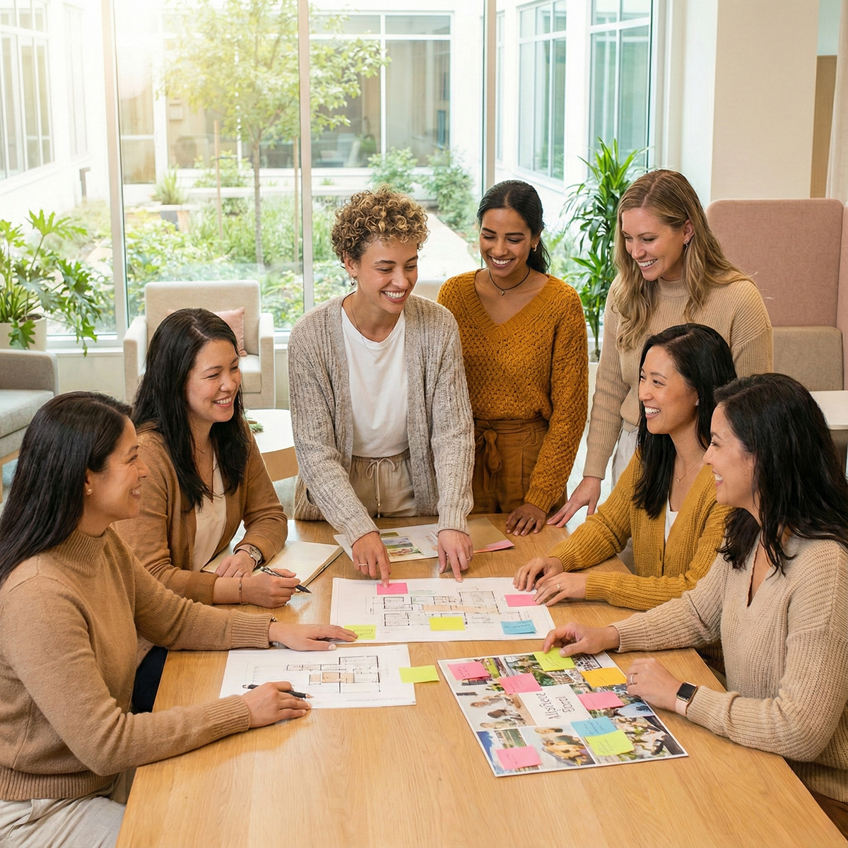 Group of seven women gathered around a table, discussing plans with charts, floor plans, and colorful sticky notes, in a bright room with large windows and indoor plants.