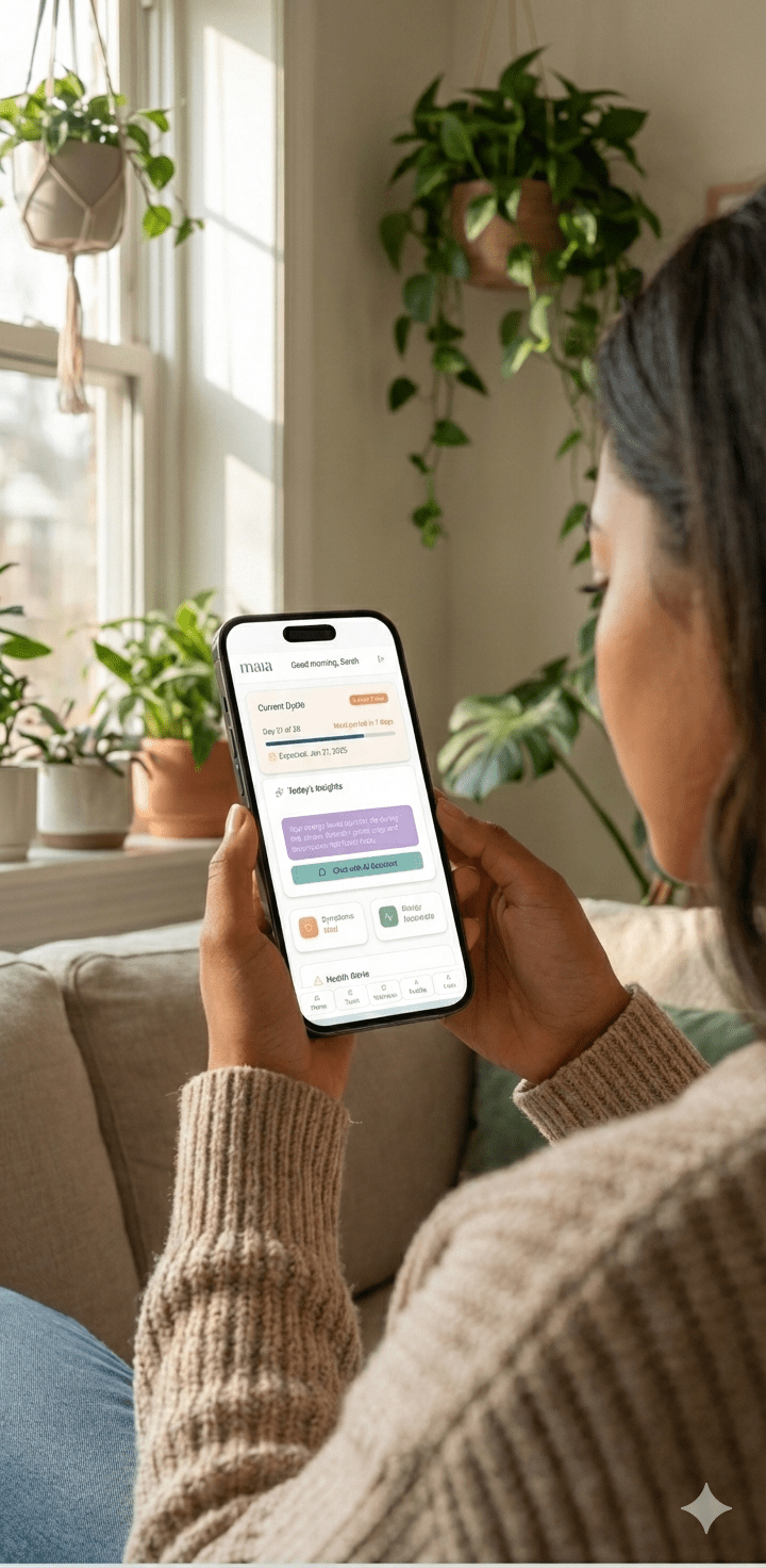 A woman sitting on a beige sofa looking at her smartphone, which displays a health tracking app, in a bright room with large windows and several potted plants.