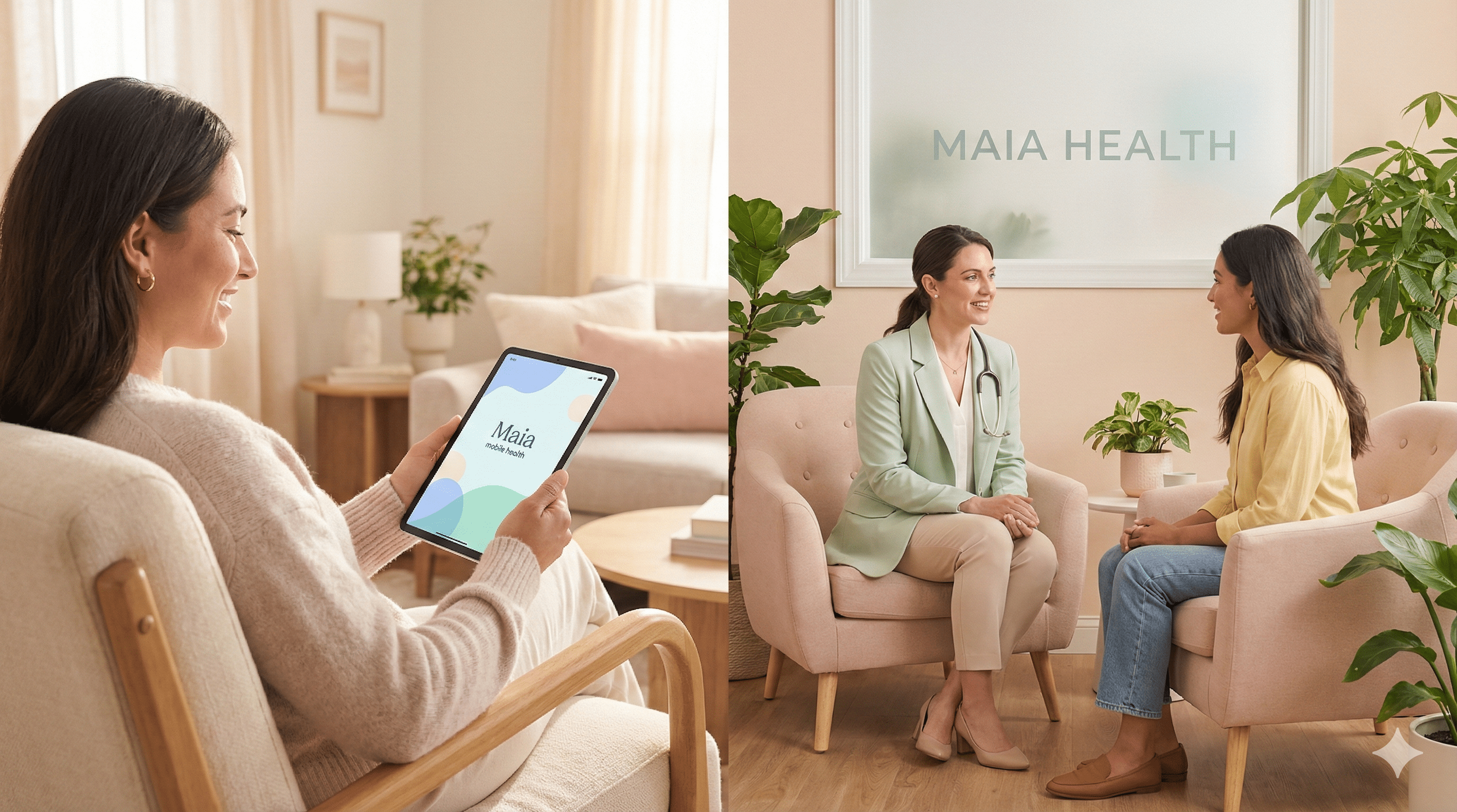 Side view of a smiling woman in a beige sweater sitting in a beige armchair, holding a tablet displaying 'Maia health.' In the background, there is a cozy living room with a beige sofa, pillows, a lamp, and plants.