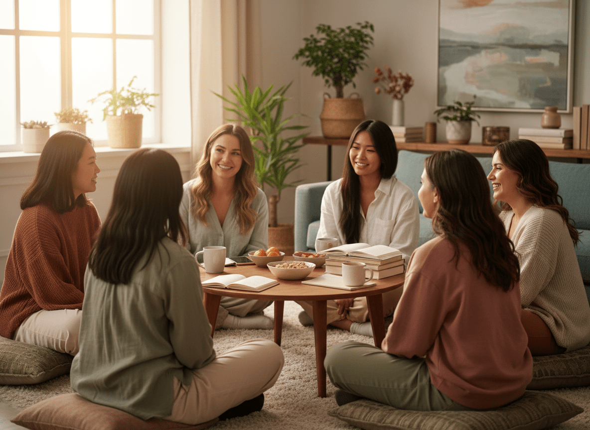 Six women sitting on cushions around a round coffee table, enjoying a social gathering in a cozy living room with sunlight through windows, light-colored walls, and houseplants.