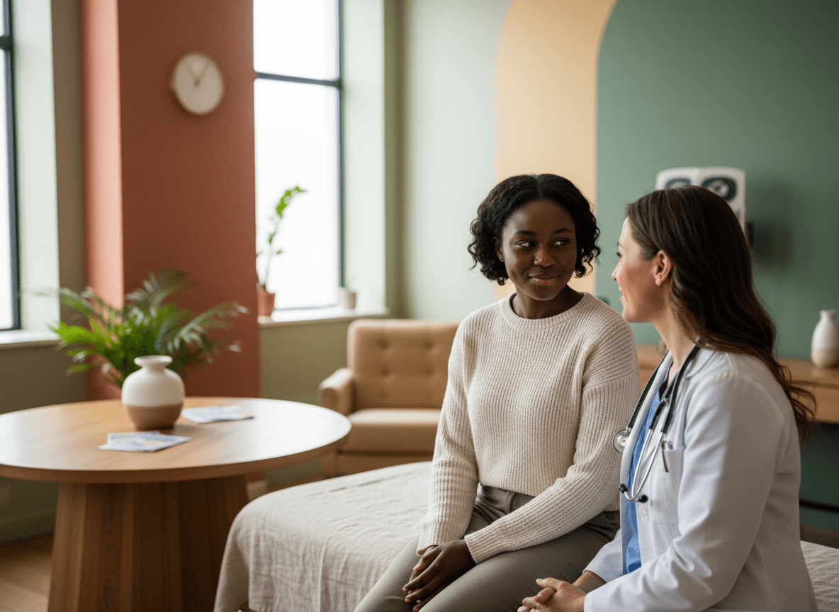 A doctor and a woman in a hospital room having a conversation, with medical equipment and indoor plants in the background.