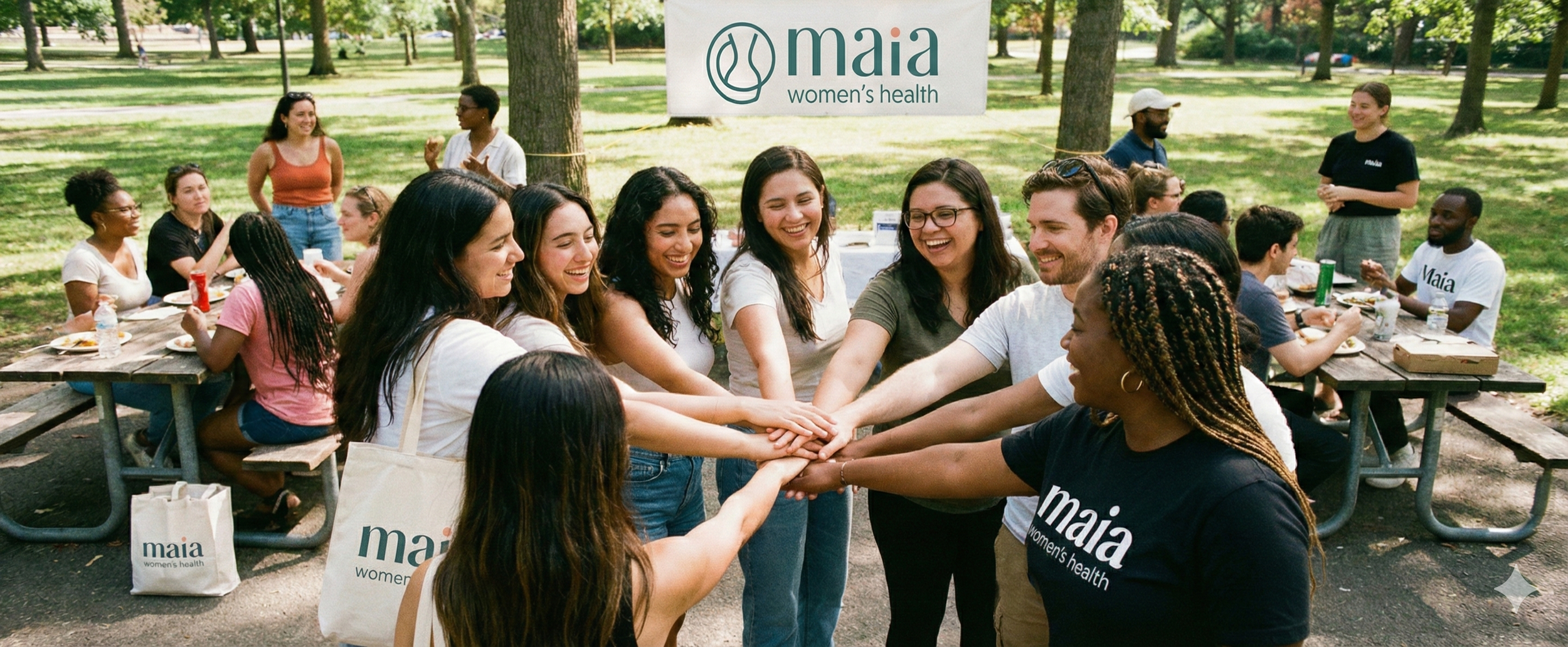 A diverse group of women and men holding hands together in a circle and smiling at an outdoor event, with a banner that says 'Women's Health' in the background.