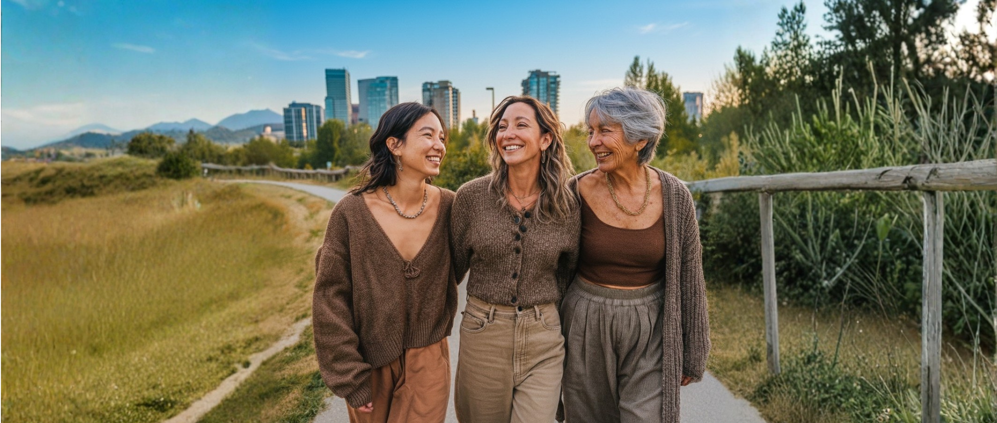 Three women walking outdoors on a path, smiling, with city buildings and mountains in the background.