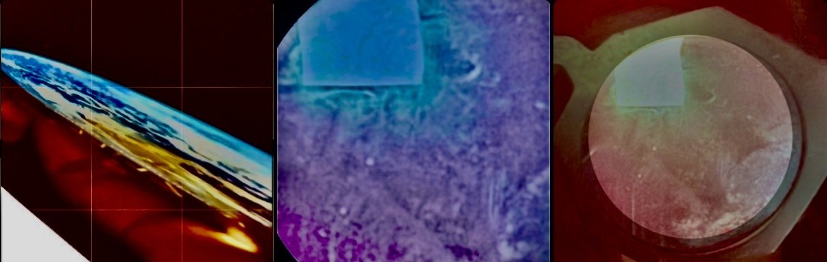 Three close-up images of lenses or optical devices showing different colors and textures.