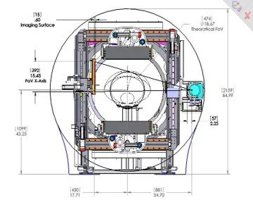 Technical engineering diagram of a camera or sensor system with labeled components and measurements.