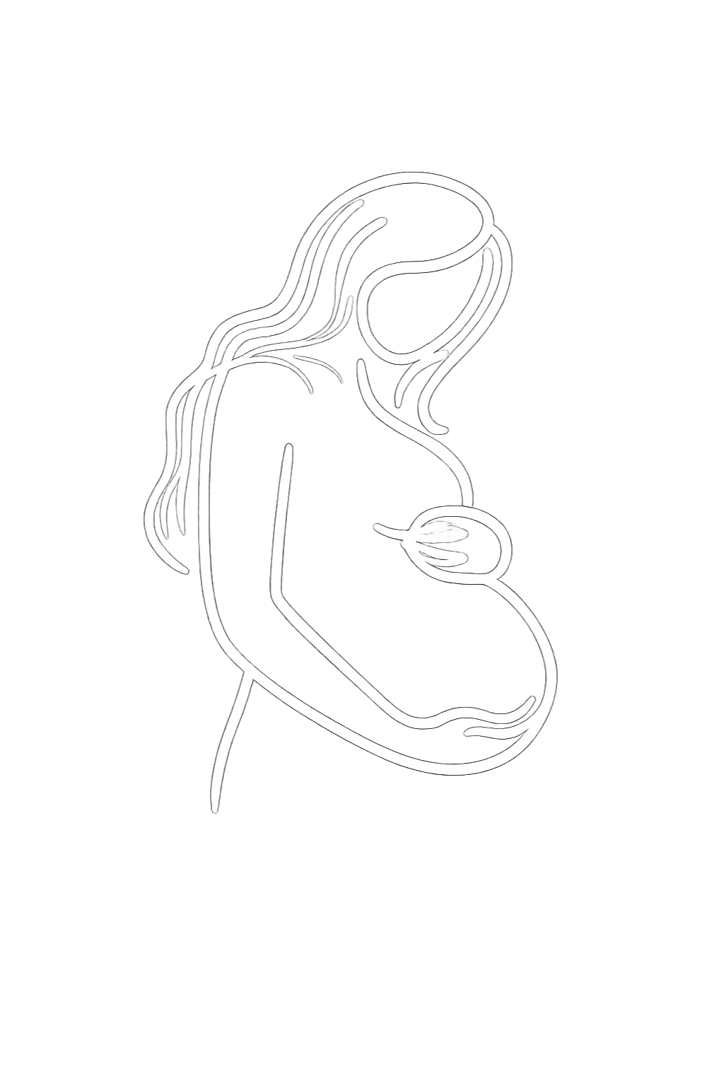 Outline drawing of a pregnant woman with long hair, holding her belly.