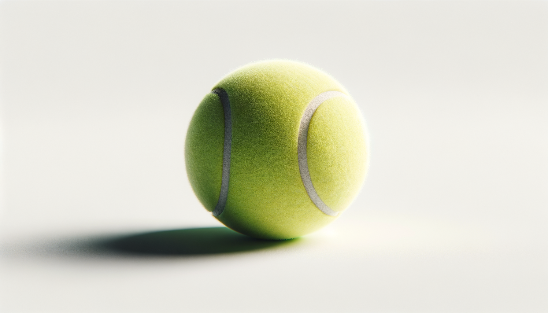 A close-up of a tennis ball with white curved lines, sitting on a white surface with a shadow, against a plain white background.