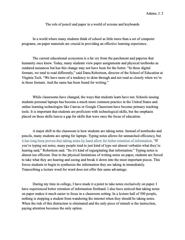 Page from a printed document discussing the role of pencils and paper in education, highlighting the shift from traditional classroom tools to digital devices like laptops and tablets.