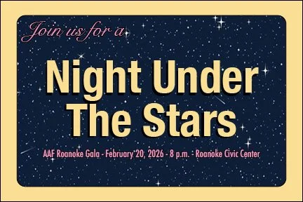 Invitation for 'Night Under The Stars' event, featuring stars in the background, details include AAF Roonoke Gala on February 20, 2026, at 8 p.m. at Roonoke Civic Center.