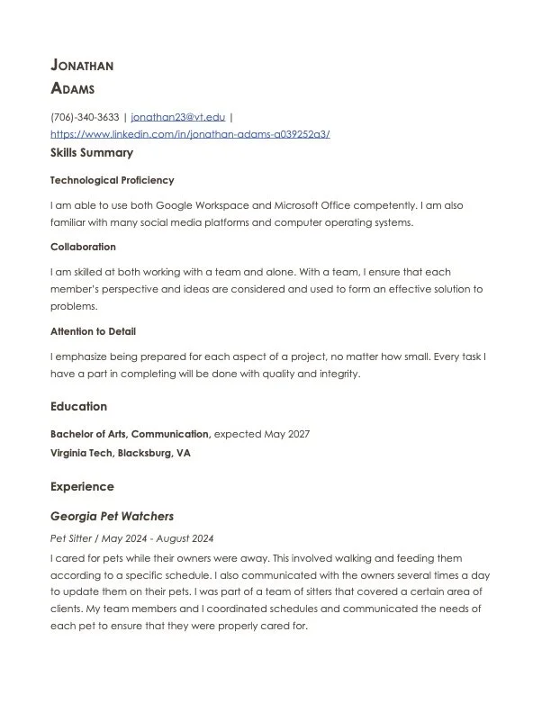 Resume for Jonathan Adams showing contact information, skills summary, education, and experience with Georgia Pet Watchers.