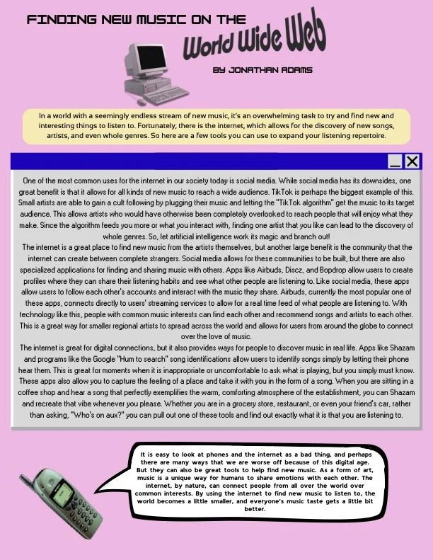 Pink cover page of a publication titled 'Finding New Music on the World Wide Web' by Jonathan Adams, featuring a computer illustration at the top and a description about discovering new music online, social media, and digital tools, with a green remote control illustration at the bottom left.