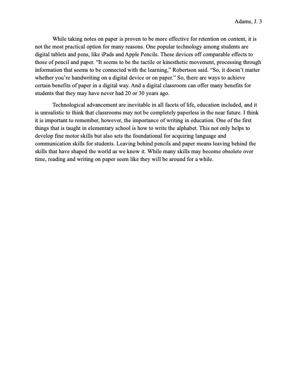 A typed document discussing the effectiveness of taking notes on paper versus digital devices for retention and learning, emphasizing the importance of handwriting in elementary education and the benefits of digital classrooms for students.