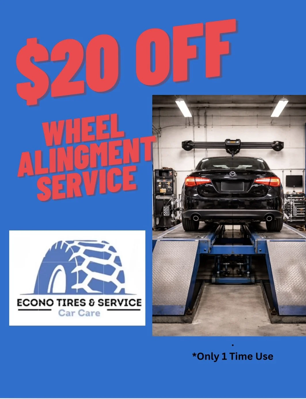 Promotional flyer for Econo Tires & Service car care, offering $20 off wheel alignment service, with an image of a black car on a wheel alignment machine and the company logo featuring a tire and car care text.