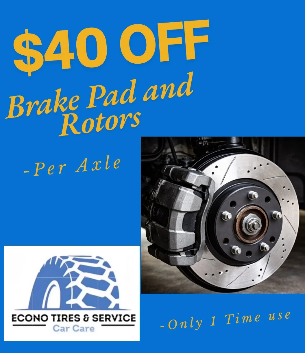 Advertisement for $40 off brake pad and rotors per axle at Econo Tires & Service. Image of a car brake rotor and caliper.