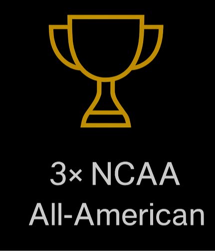 Gold trophy icon with text '3× NCAA All-American' on a black background.