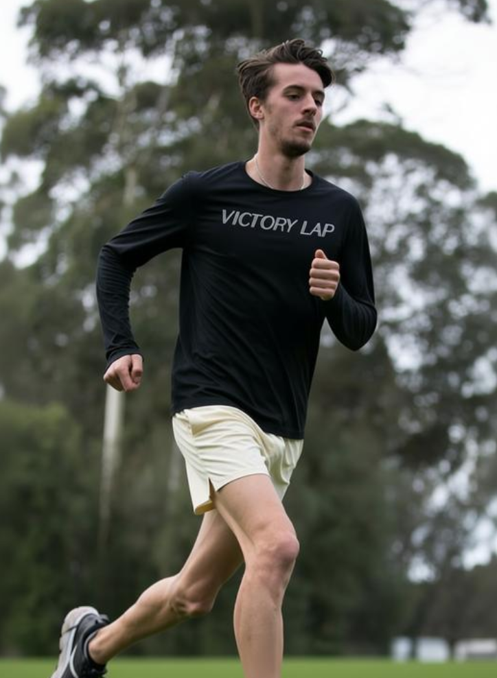 A young man running outdoors in a park, wearing a black long-sleeve shirt with 'Victory Lap' printed on it and light-colored shorts.