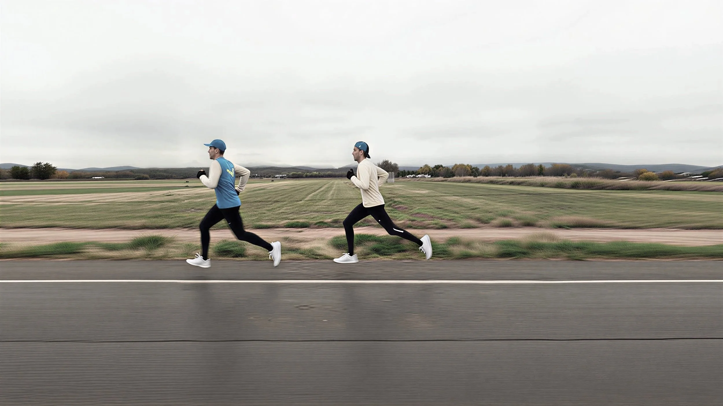 Two runners jogging along a rural road on a cloudy day with fields and distant hills in the background.
