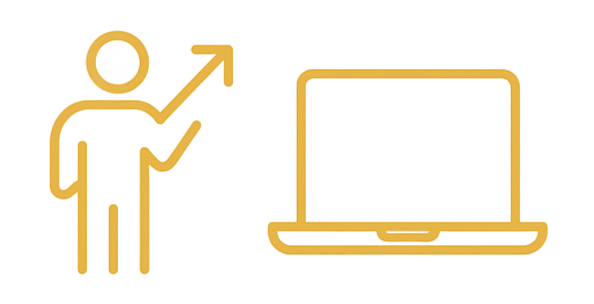 Icon of a person pointing upward with an arrow, next to a laptop computer.