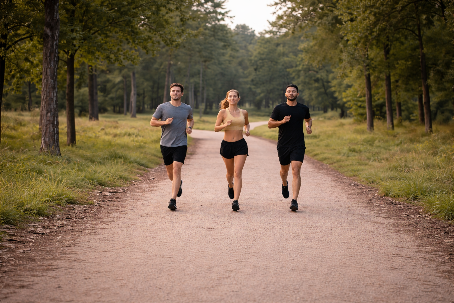 Three people running on a dirt trail in a forested area during daytime.