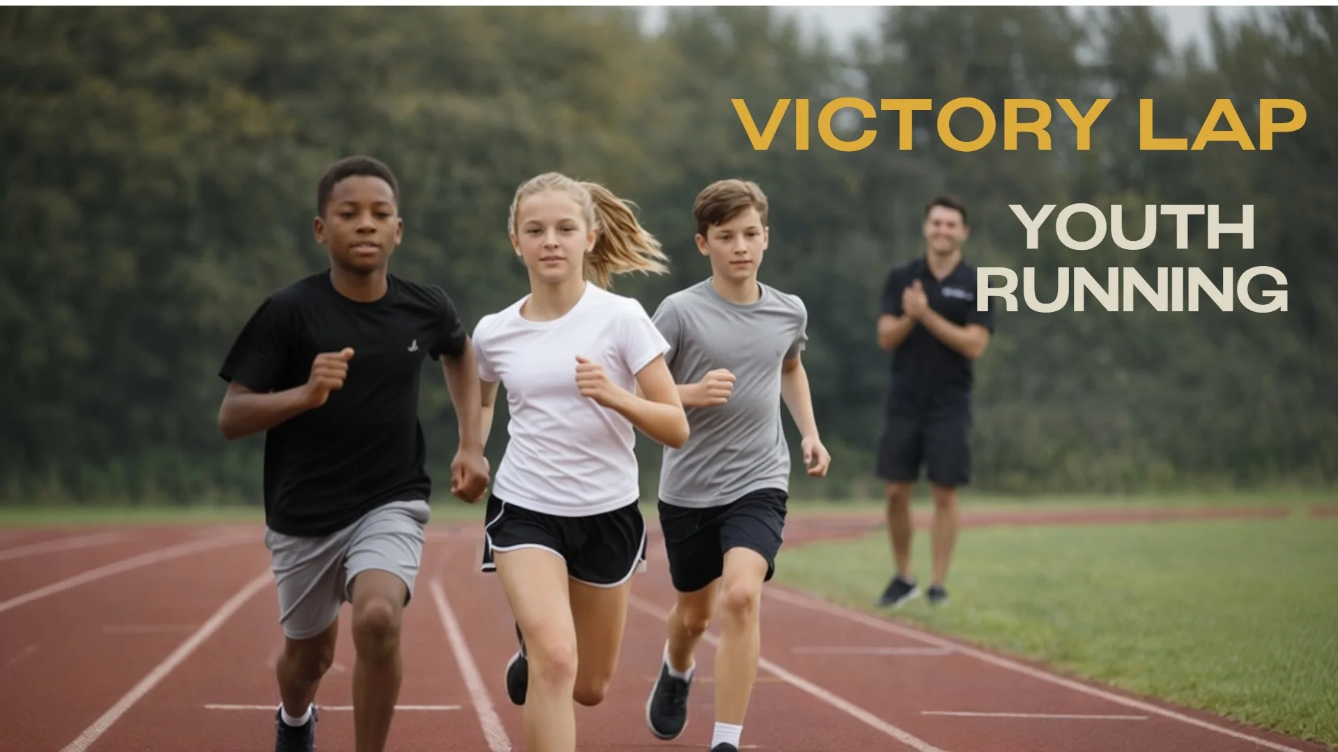 Three children running on a track field with trees in the background, while a coach or instructor watches and claps in the background.