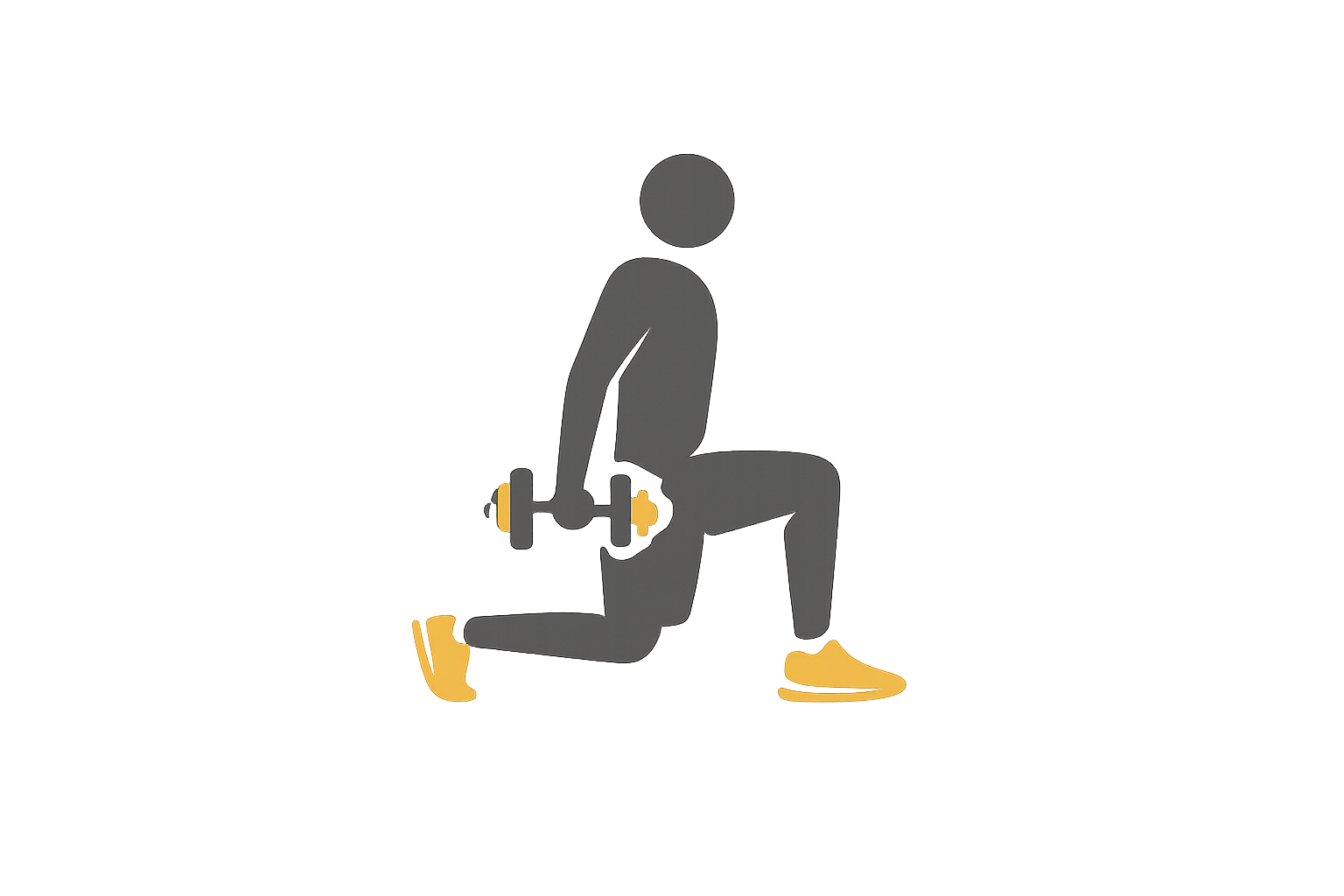 Silhouette of a person performing a kneeling exercise while holding a dumbbell in each hand, wearing yellow shoes and gray clothing.