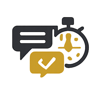 Icons representing a chat bubble, a stopwatch, and a speech bubble with a check mark, symbolizing communication, timing, and approval or completion.