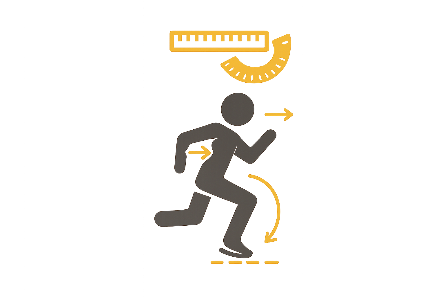 An infographic showing a person running, with arrows indicating movement and a curved arrow suggesting a change in direction. The background includes measurement scales and colored sections highlighting different parts of the diagram.