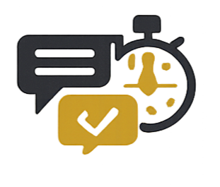 Icons of chat bubbles, a clock, and check mark, symbolizing messaging, time, and verification.