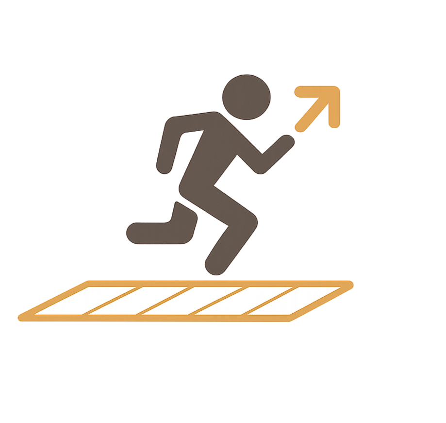 A stylized icon of a person running toward an upward pointing arrow, symbolizing progress or success, on a platform.