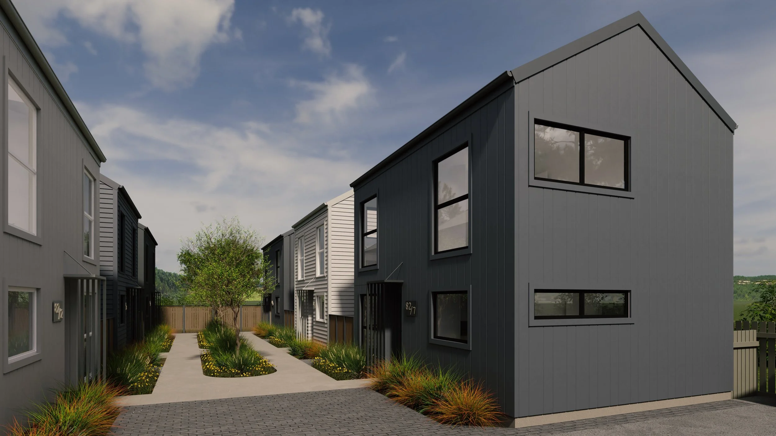 Rear laneway access within 8 lot subdivision showing townhouse layout and planting