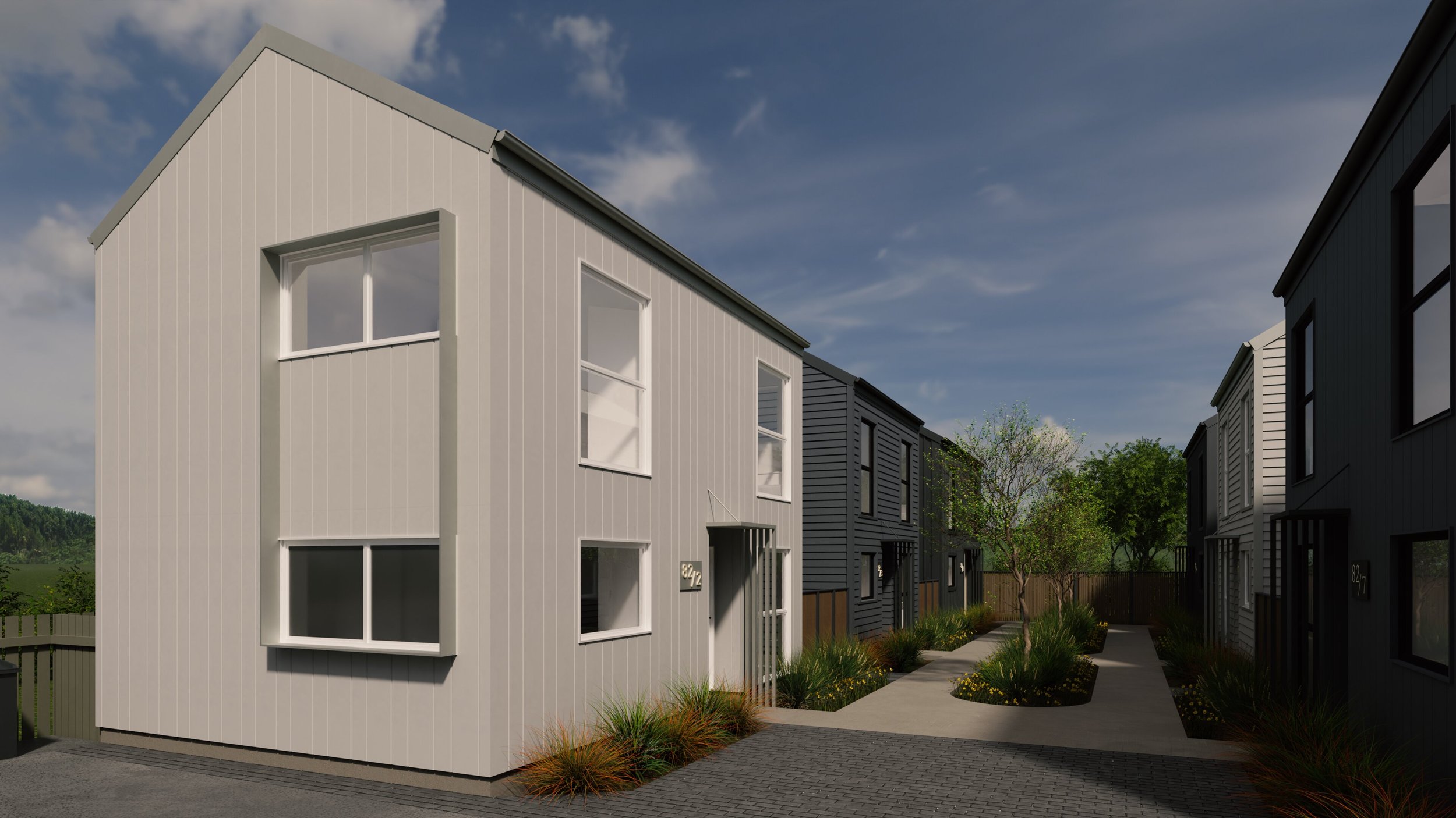 Two-storey townhouse in 8 lot subdivision featuring mixed cladding and large windows