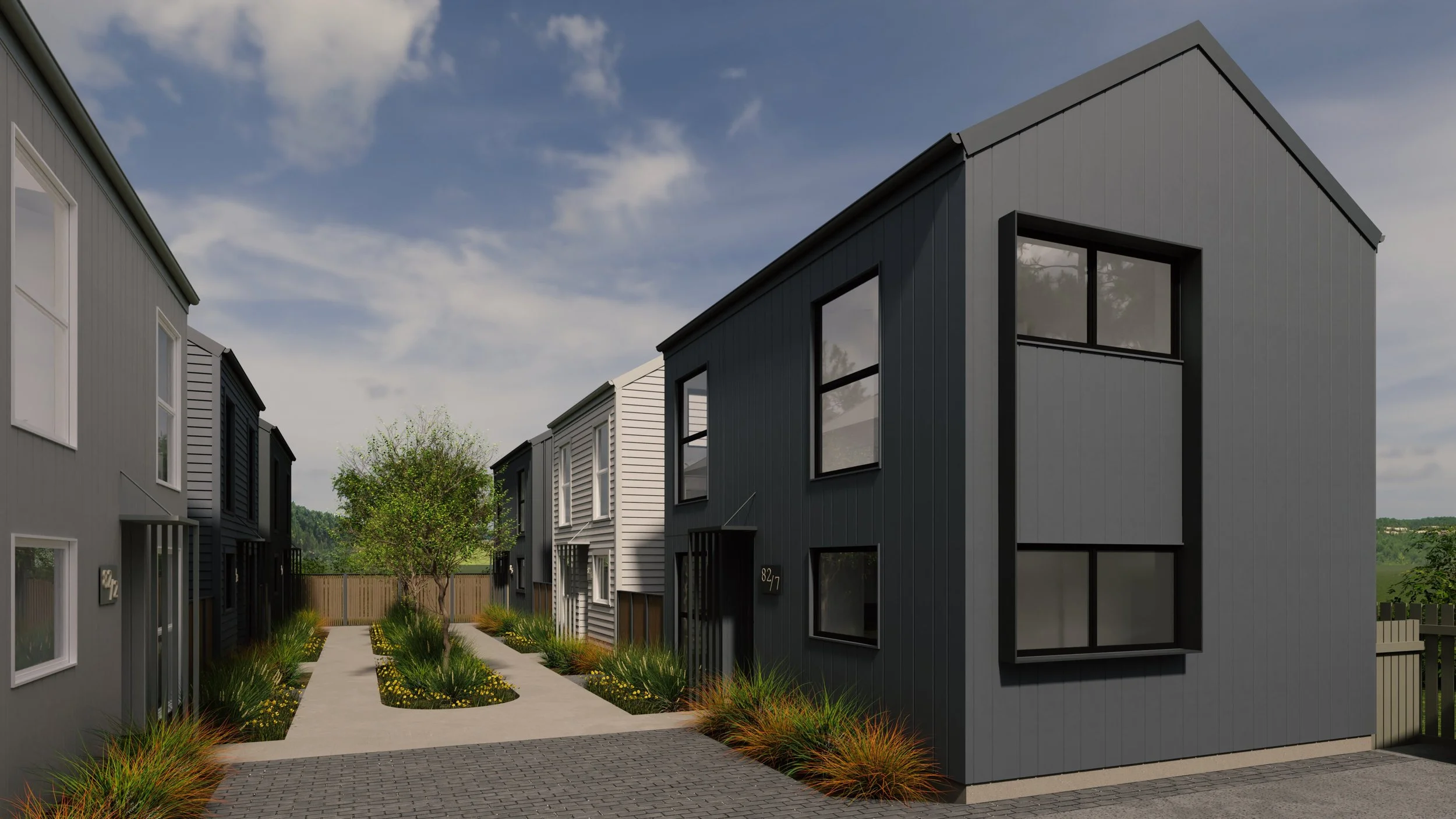 Modern townhouse window detailing in 8 lot subdivision with strong architectural lines