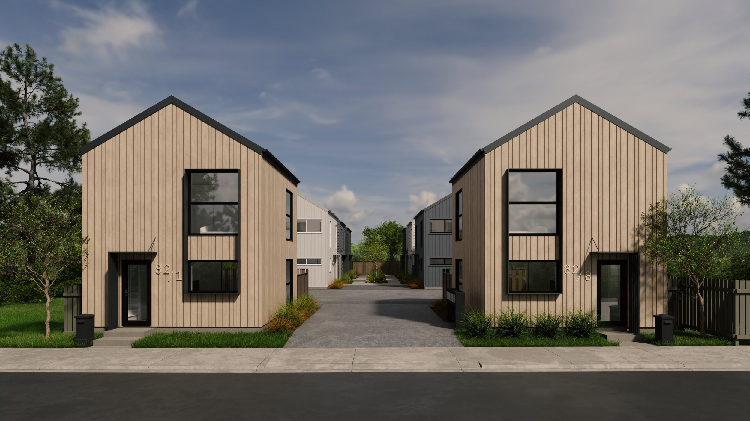 Symmetrical townhouse design in 8 lot subdivision with shared central driveway