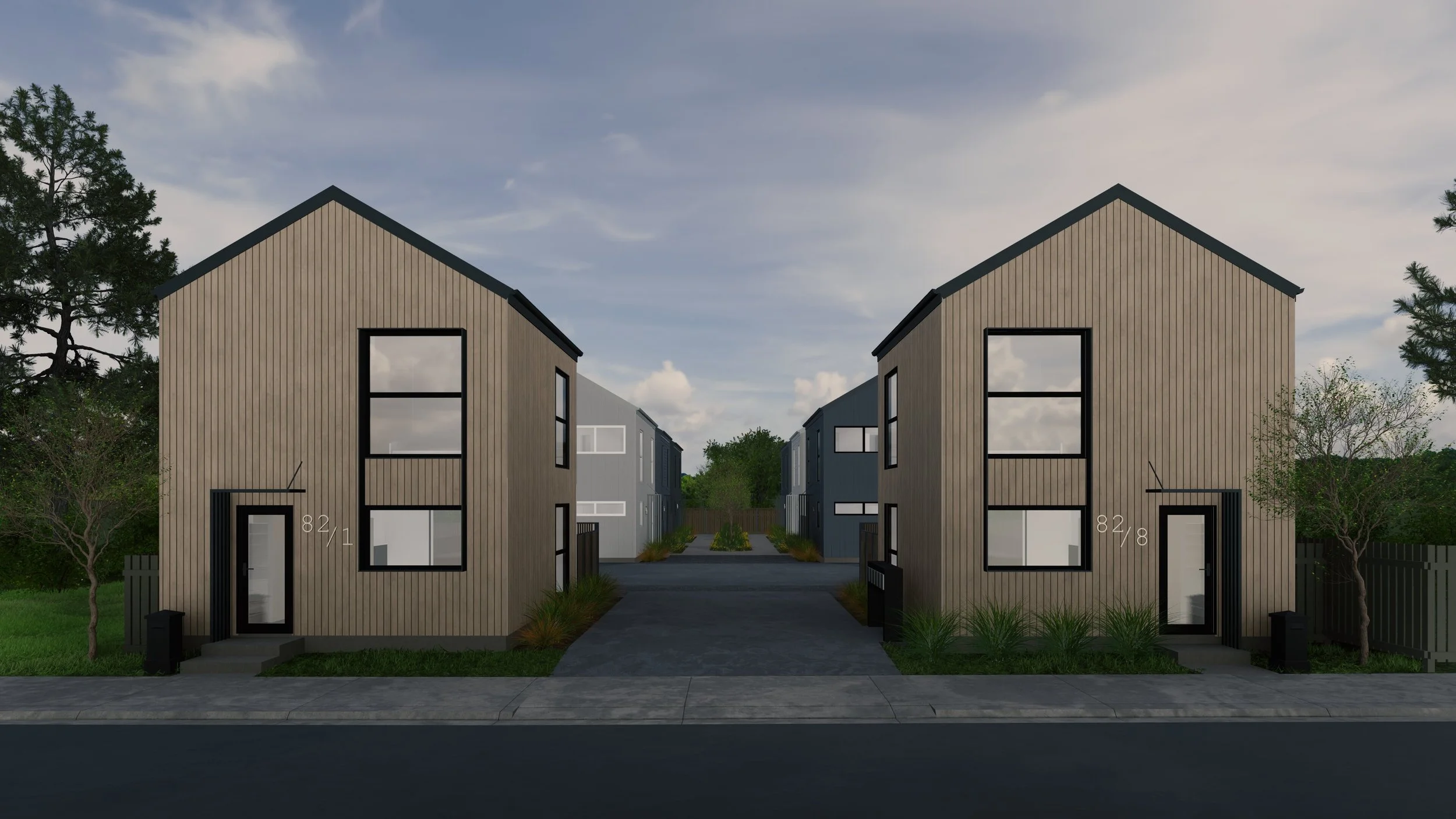 Central accessway through 8 lot subdivision with two-storey townhouses on both sides