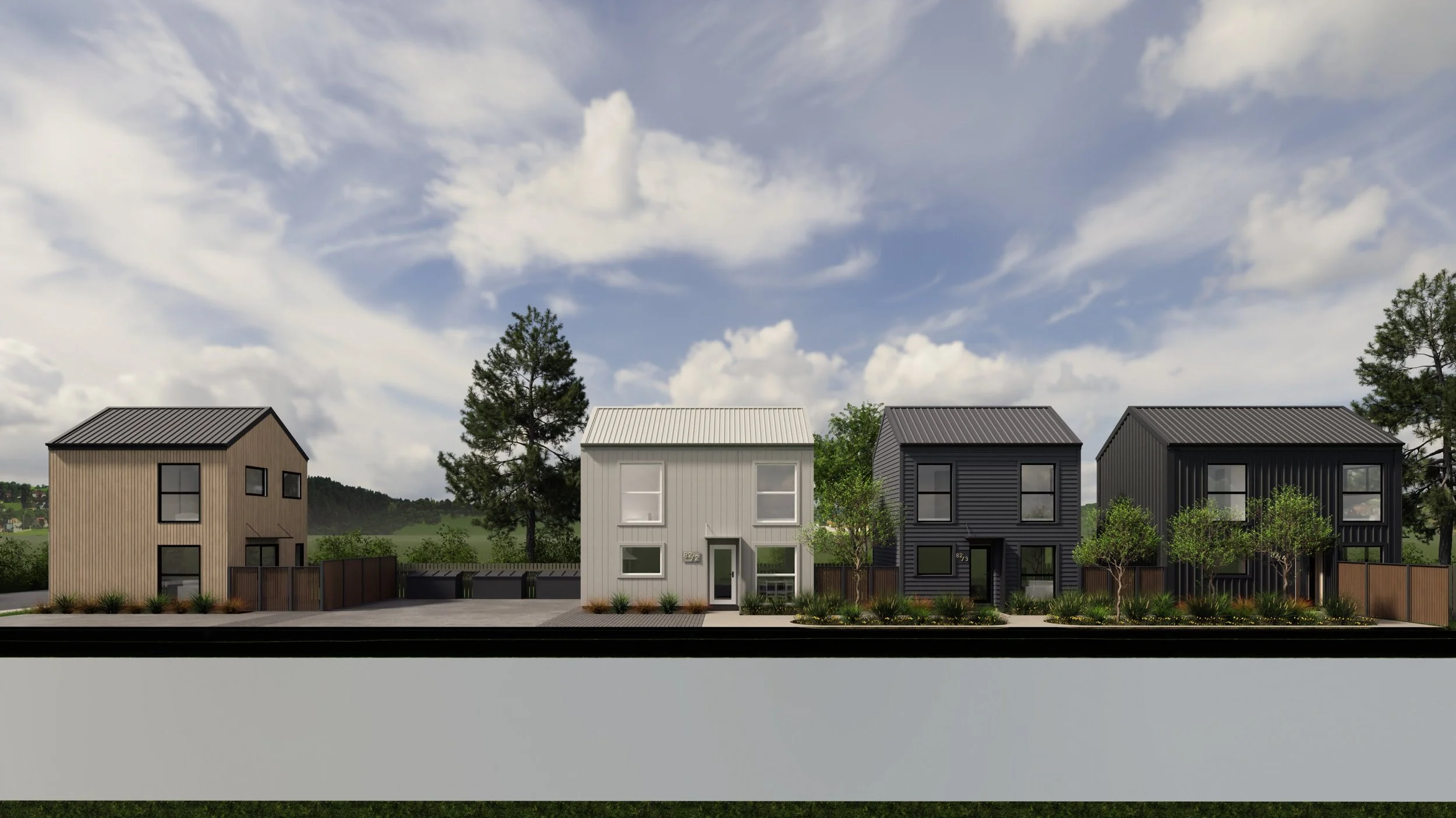 Street elevation of 8 lot subdivision with modern townhouse-style dwellings and varied cladding