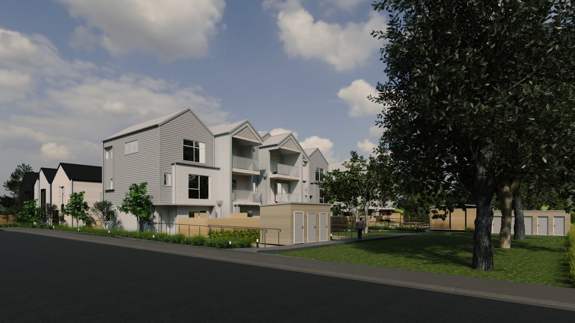 Corner perspective of medium-density housing development showing building form and shared spaces