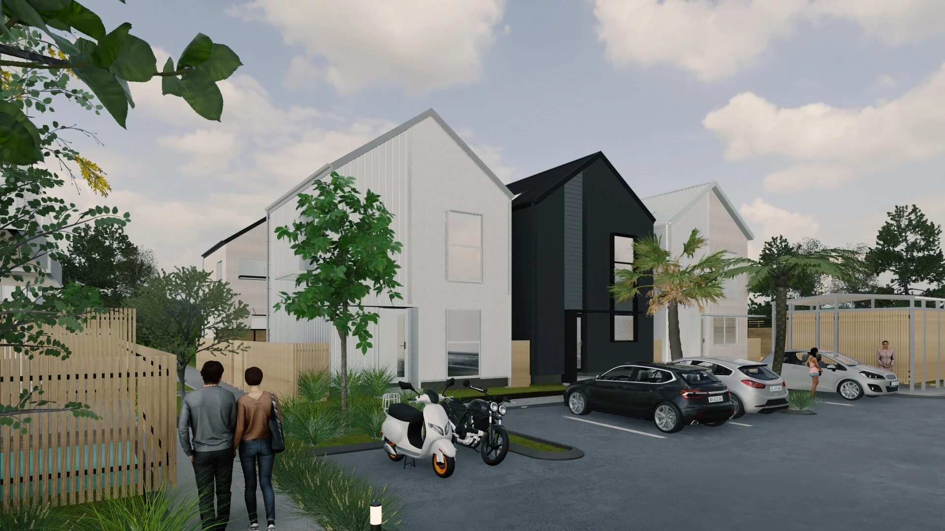 Entry to townhouse development with shared parking area, cars and pedestrian walkway