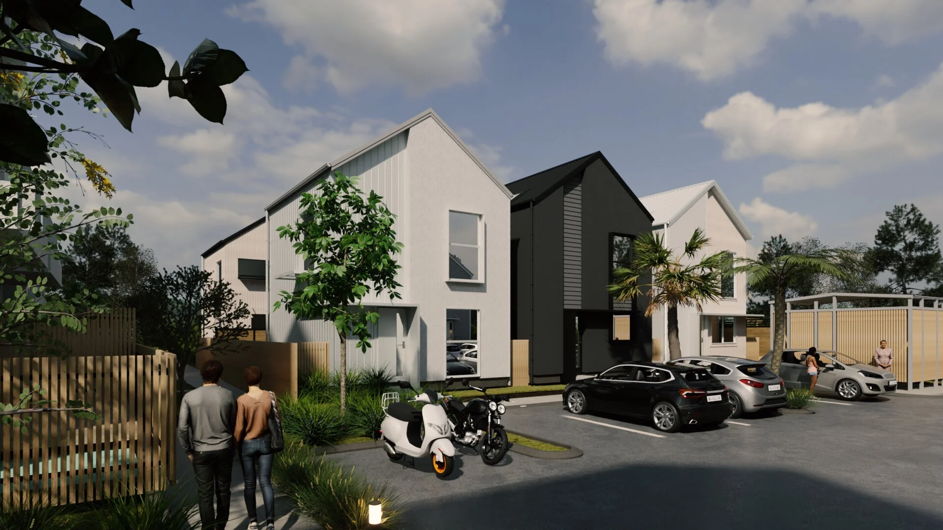 Internal parking courtyard within townhouse development with landscaping and circulation