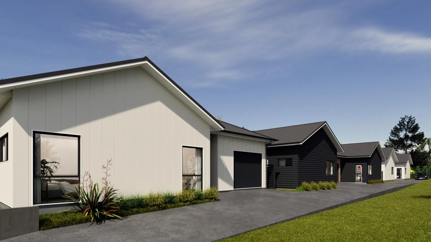 Perspective view of five lot subdivision showing modern homes aligned along a private driveway