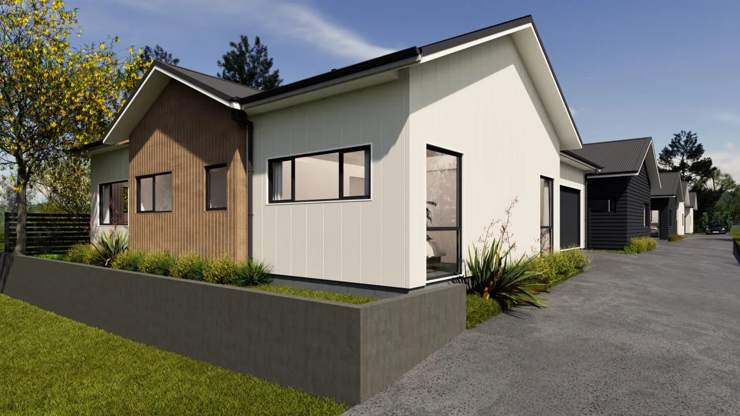 Contemporary residential home design within a subdivision with simple gable roof form