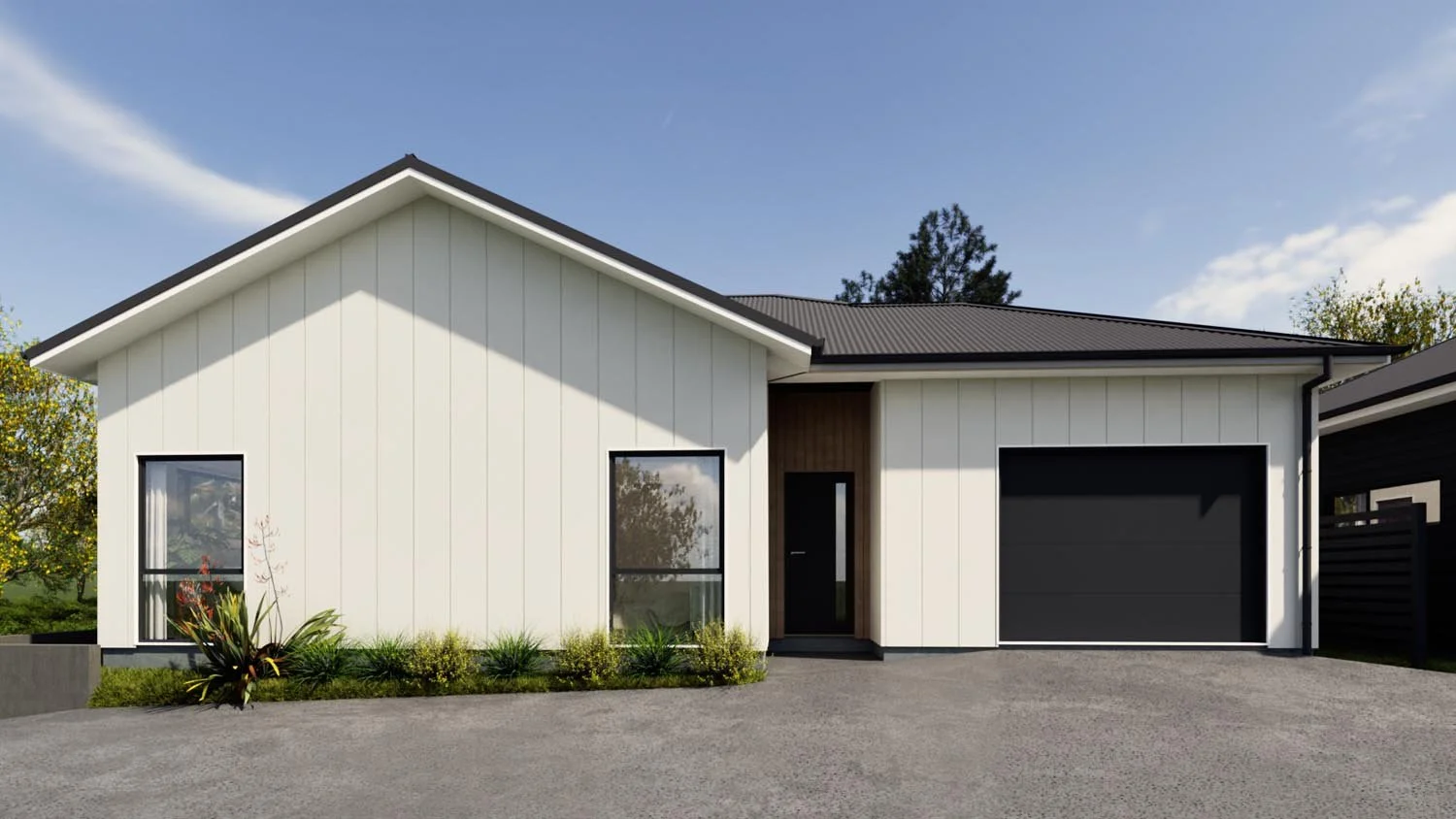 Perspective view of five lot subdivision showing modern homes aligned along a private driveway