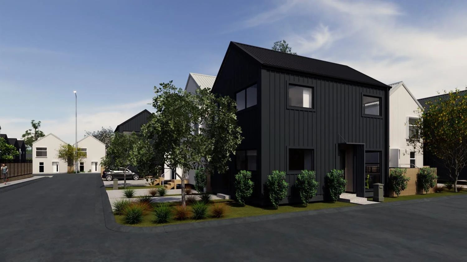 Compact townhouse design with integrated garage and simple forms